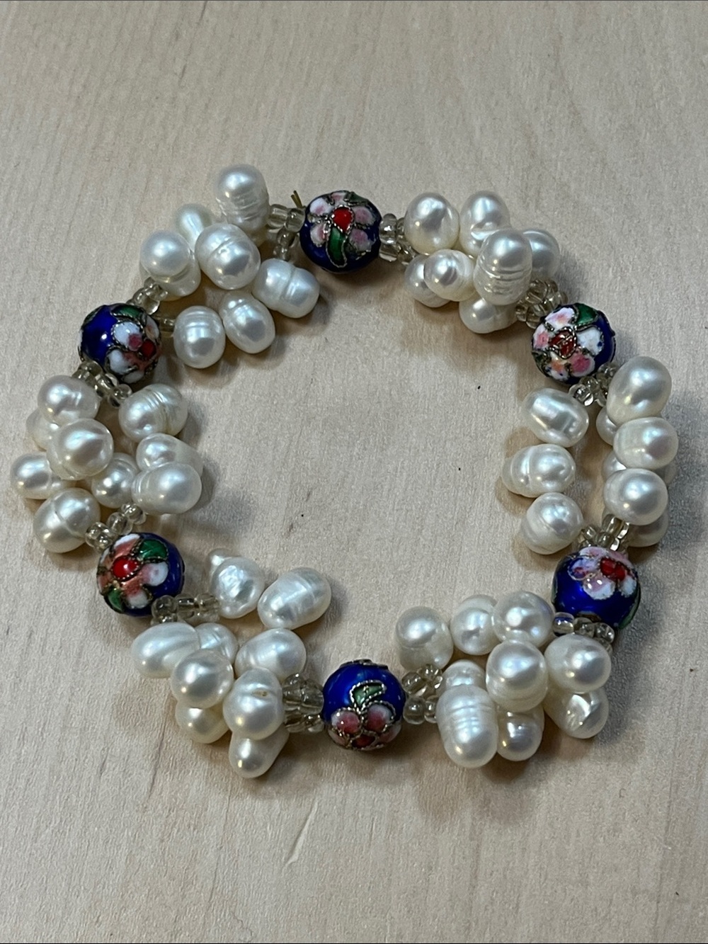 Vintage Fresh Water Pearls & Blue Floral Cloisonné Bead Stretch Bracelet